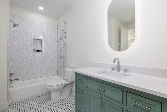 full bathroom featuring toilet, vanity,  shower combination, and recessed lighting
