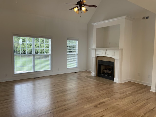 265 Gray Hawk Trl, Clarksville, TN 37043 - unfurnished living room featuring light wood-style floors, high vaulted ceiling, a ceiling fan, a fireplace with flush hearth, and visible vents