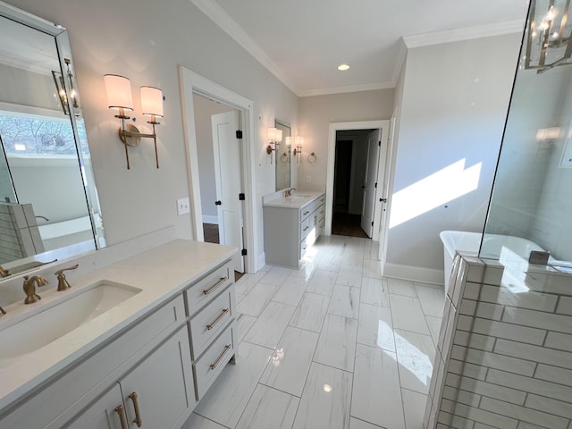full bath with a sink, two vanities, a soaking tub, and crown molding