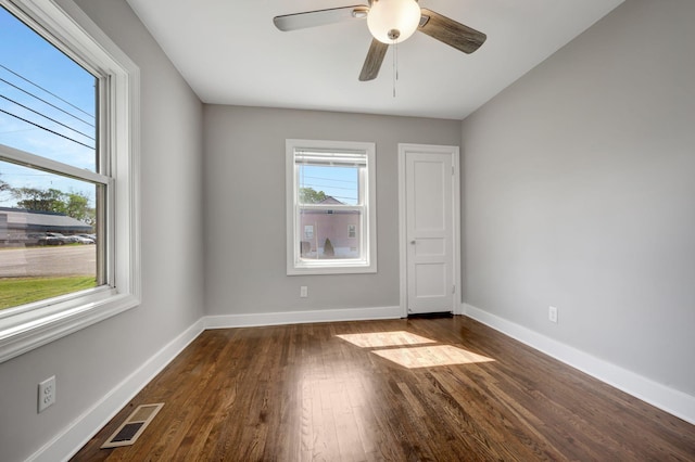 701 Santa Fe Pike, Columbia, TN 38401 - empty room with a ceiling fan, baseboards, dark wood finished floors, and visible vents