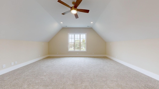 bonus room featuring ceiling fan, vaulted ceiling, recessed lighting, carpet floors, and baseboards