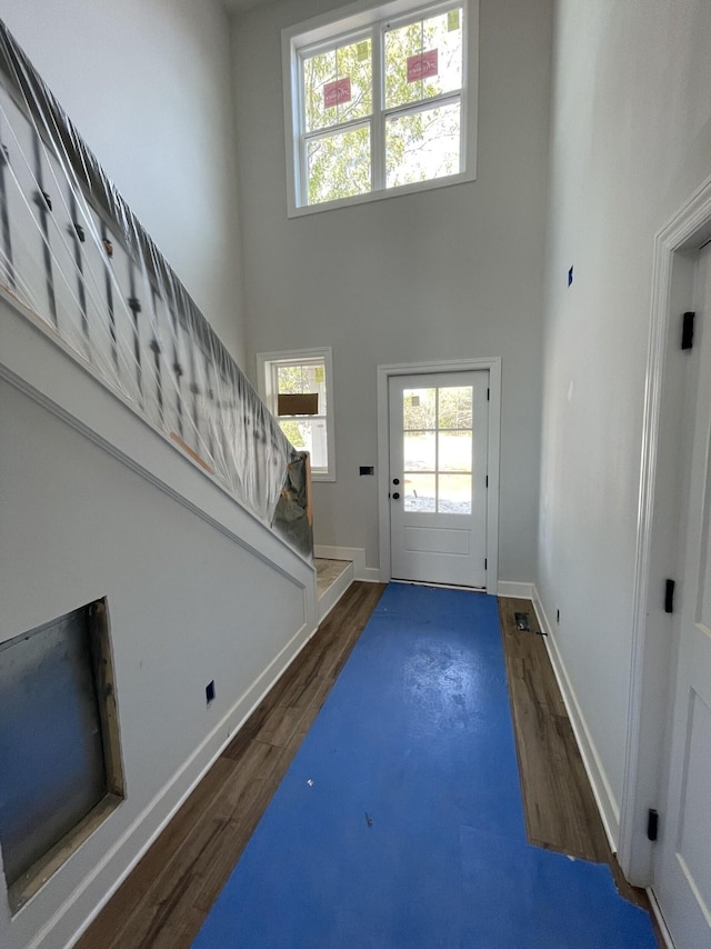 entrance foyer with wood finished floors, a high ceiling, and baseboards