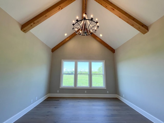 empty room featuring baseboards, a chandelier, dark wood-style floors, beam ceiling, and recessed lighting