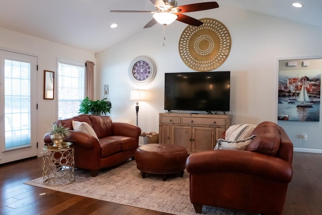 4769 Ellen Cir, Cookeville, TN 38501 - living area featuring a ceiling fan, vaulted ceiling, recessed lighting, dark wood-style flooring, and baseboards