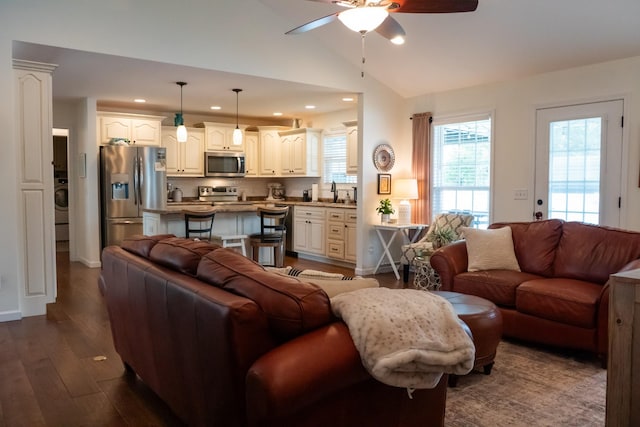 4769 Ellen Cir, Cookeville, TN 38501 - living area with ceiling fan, recessed lighting, vaulted ceiling, and dark wood finished floors