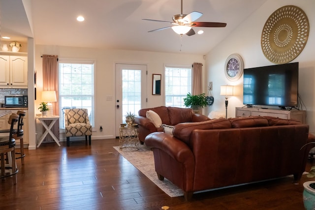 4769 Ellen Cir, Cookeville, TN 38501 - living area featuring dark wood-style floors, a ceiling fan, vaulted ceiling, and recessed lighting