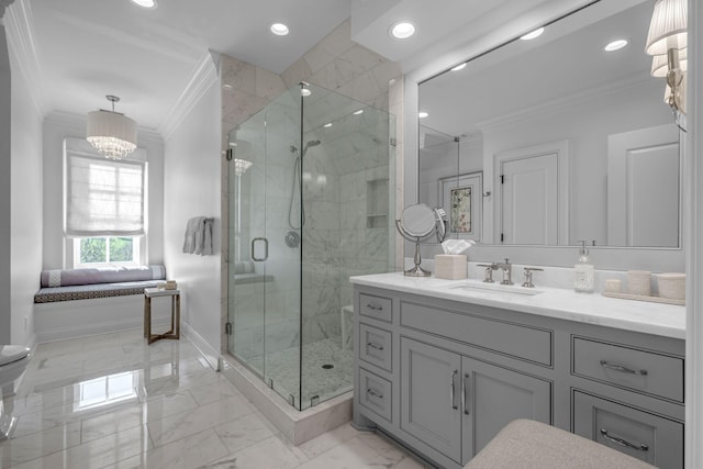 328 White Swans Xing, Brentwood, TN 37027 - bathroom with recessed lighting, a shower stall, marble finish floor, ornamental molding, and baseboards