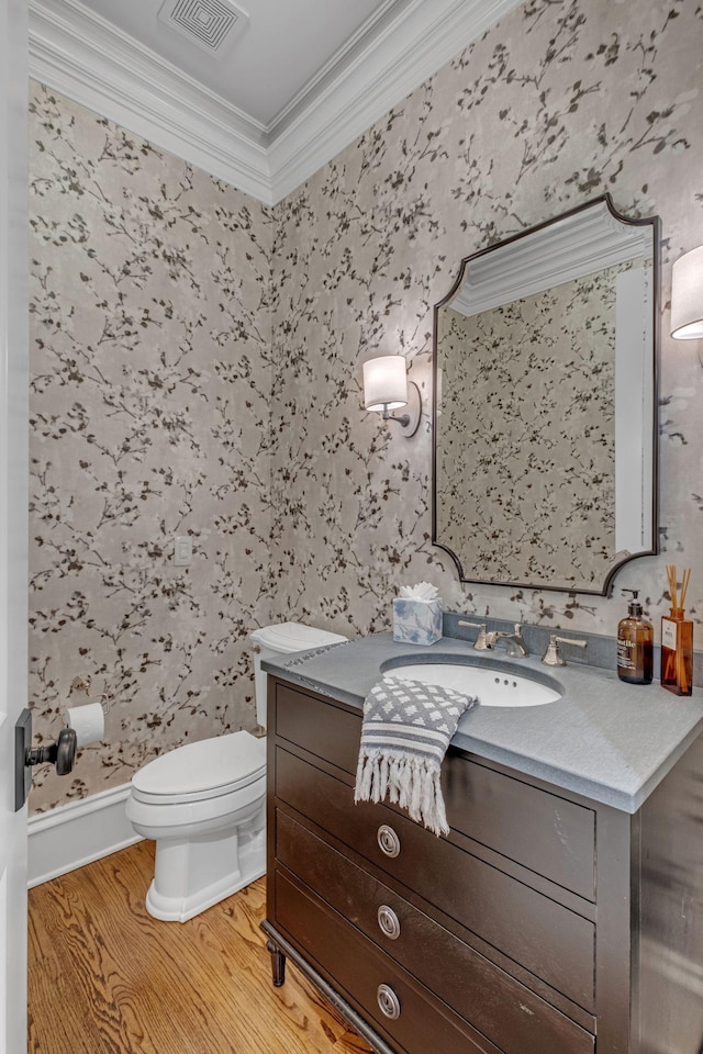 328 White Swans Xing, Brentwood, TN 37027 - half bath featuring wallpapered walls, wood finished floors, vanity, and ornamental molding