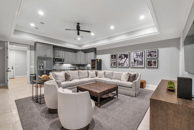 328 White Swans Xing, Brentwood, TN 37027 - living area featuring baseboards, recessed lighting, a ceiling fan, crown molding, and a raised ceiling