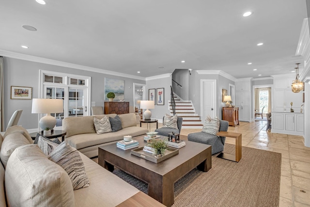328 White Swans Xing, Brentwood, TN 37027 - living area featuring baseboards, recessed lighting, crown molding, stairs, and stone tile floors
