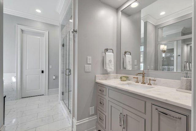 328 White Swans Xing, Brentwood, TN 37027 - full bath with a shower stall, crown molding, marble finish floor, and vanity