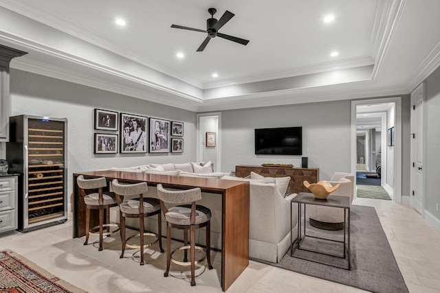 328 White Swans Xing, Brentwood, TN 37027 - interior space featuring a dry bar, wine cooler, recessed lighting, a ceiling fan, and ornamental molding