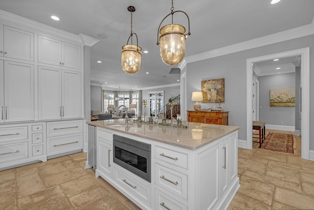 328 White Swans Xing, Brentwood, TN 37027 - kitchen featuring a sink, white cabinets, stone tile flooring, stainless steel microwave, and recessed lighting