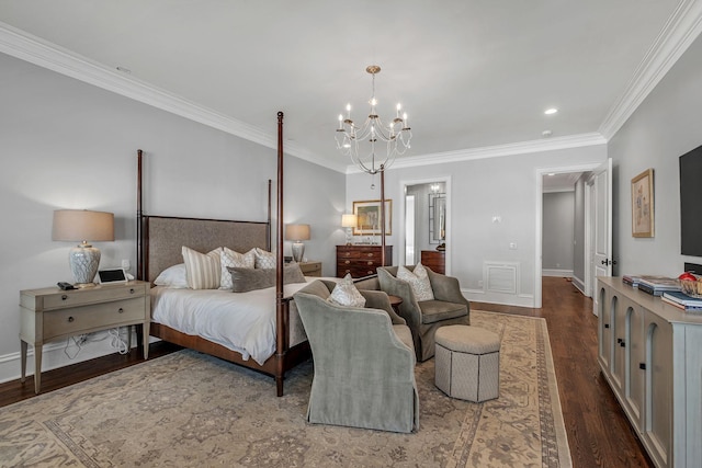 328 White Swans Xing, Brentwood, TN 37027 - bedroom featuring an inviting chandelier, visible vents, baseboards, ornamental molding, and dark wood-style floors