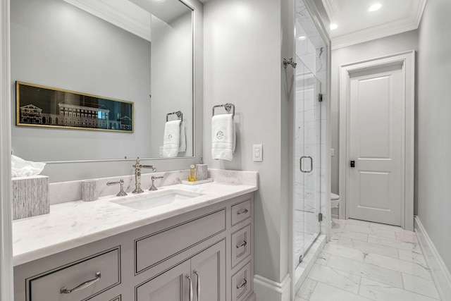 328 White Swans Xing, Brentwood, TN 37027 - bathroom with baseboards, ornamental molding, vanity, marble finish floor, and a stall shower