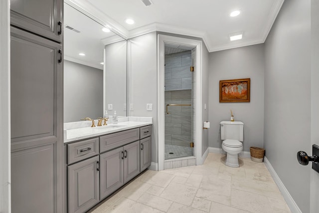 328 White Swans Xing, Brentwood, TN 37027 - bathroom featuring vanity, baseboards, a stall shower, crown molding, and toilet
