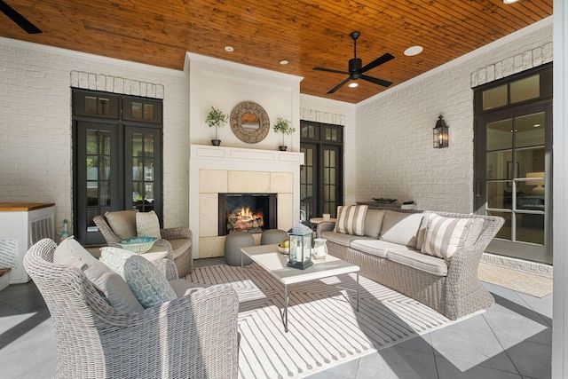 328 White Swans Xing, Brentwood, TN 37027 - view of patio featuring an outdoor living space with a fireplace, ceiling fan, and french doors