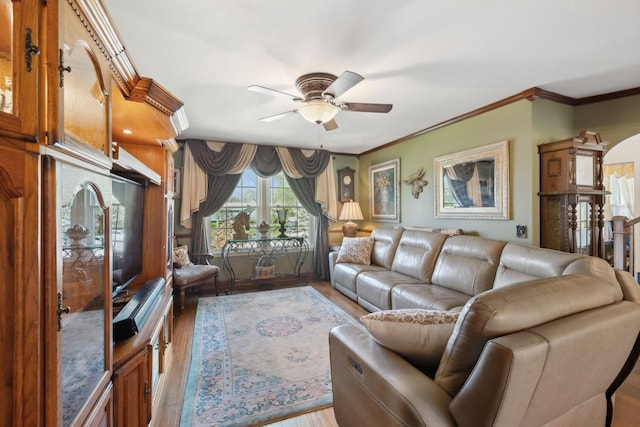 124 Timber Trail Dr, Lebanon, TN 37090 - living room with light wood-type flooring, ornamental molding, and ceiling fan