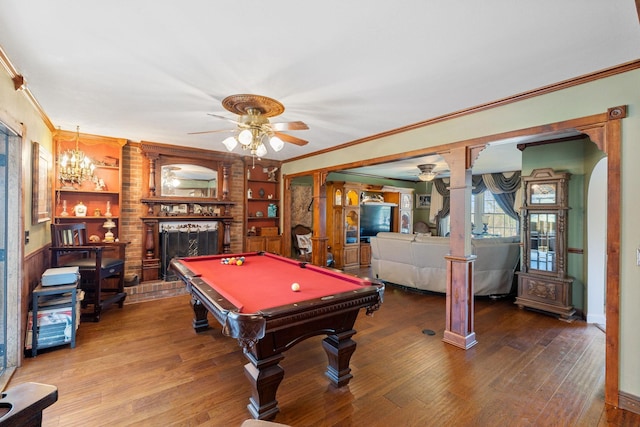 124 Timber Trail Dr, Lebanon, TN 37090 - recreation room with ornamental molding, a ceiling fan, wood finished floors, and pool table