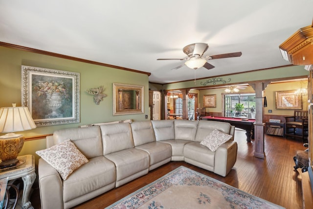 124 Timber Trail Dr, Lebanon, TN 37090 - living room featuring a ceiling fan, pool table, hardwood / wood-style flooring, and crown molding
