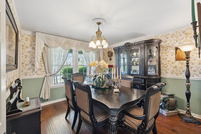 124 Timber Trail Dr, Lebanon, TN 37090 - dining area featuring wood-type flooring, baseboards, a chandelier, and wallpapered walls