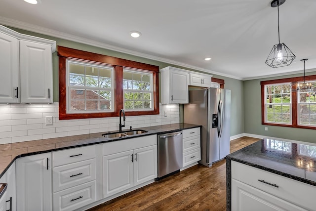 kitchen featuring dark wood-style floors, a sink, white cabinetry, and stainless steel appliances
