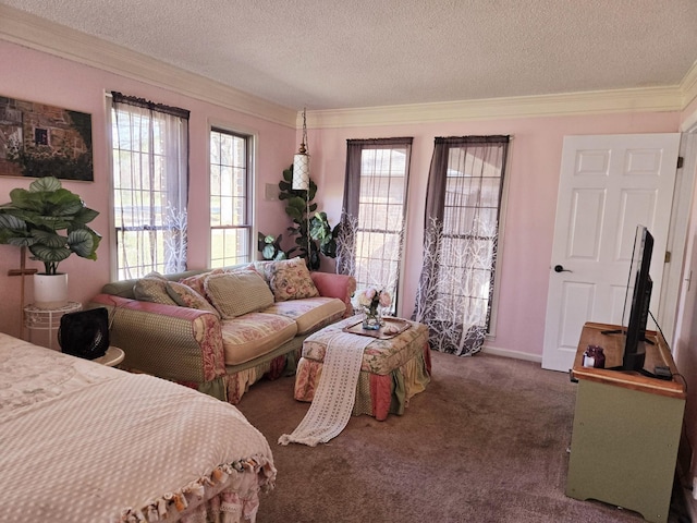 carpeted bedroom featuring a textured ceiling and ornamental molding