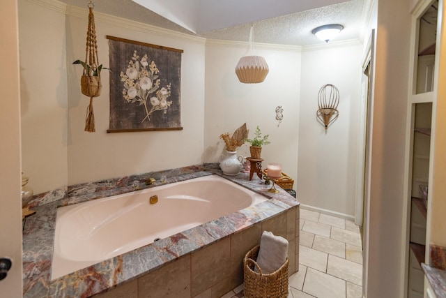 bathroom with a bath and ornamental molding