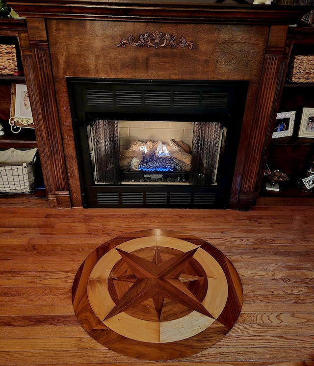 room details with wood finished floors and a fireplace