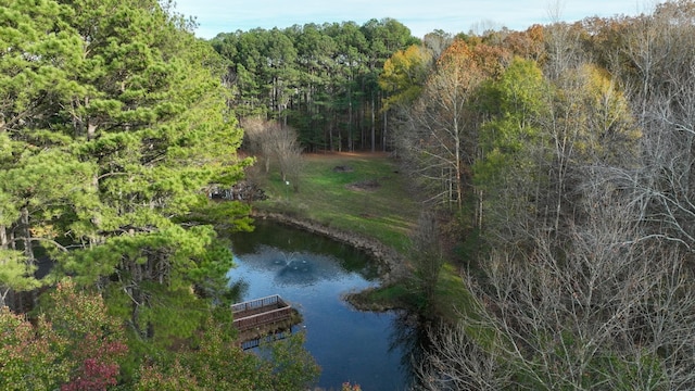 bird's eye view featuring a wooded view and a water view