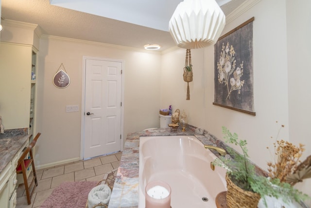full bath with tile patterned floors, a bath, and ornamental molding