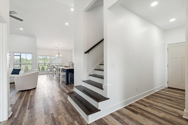 22 Flip Flop Ct, Winchester, TN 37398 - interior space with recessed lighting, wood finished floors, a high ceiling, and ceiling fan with notable chandelier