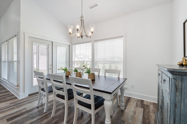 22 Flip Flop Ct, Winchester, TN 37398 - dining room featuring dark wood finished floors, vaulted ceiling, visible vents, baseboards, and a chandelier
