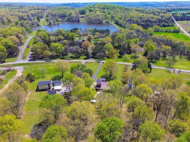 drone / aerial view featuring a water view and a view of trees