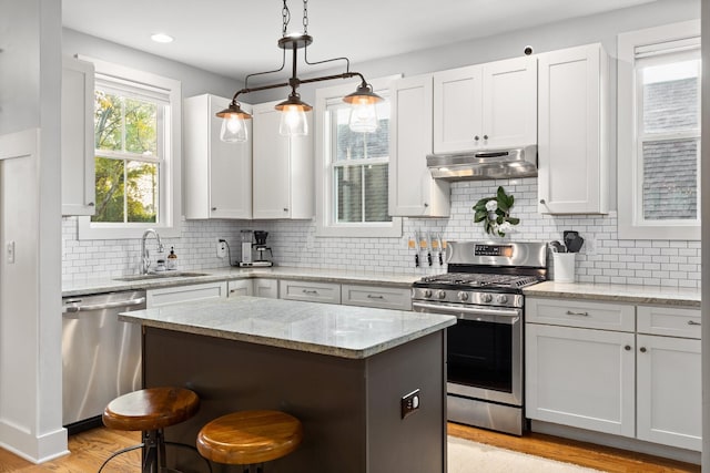 4008 Nevada Ave, Nashville, TN 37209 - kitchen featuring a sink, white cabinets, under cabinet range hood, and stainless steel appliances