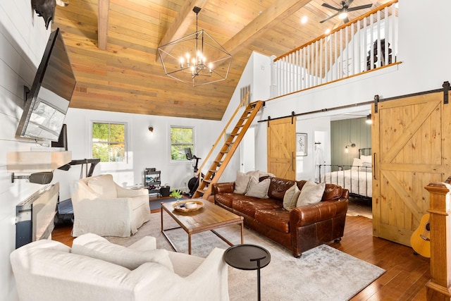 4008 Nevada Ave, Nashville, TN 37209 - living area with high vaulted ceiling, a barn door, hardwood / wood-style flooring, and wood ceiling