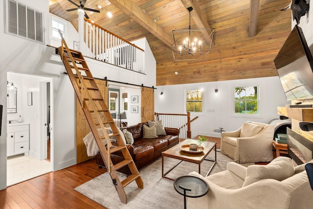 4008 Nevada Ave, Nashville, TN 37209 - living area with a barn door, visible vents, high vaulted ceiling, wood-type flooring, and wooden ceiling