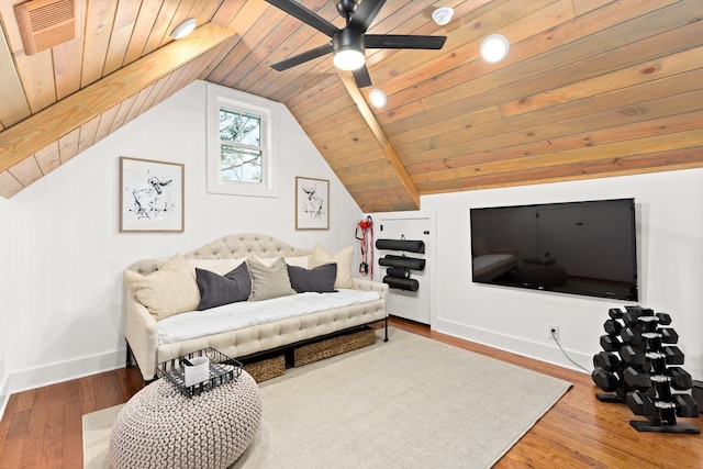 4008 Nevada Ave, Nashville, TN 37209 - living room featuring visible vents, a ceiling fan, wood ceiling, wood finished floors, and lofted ceiling