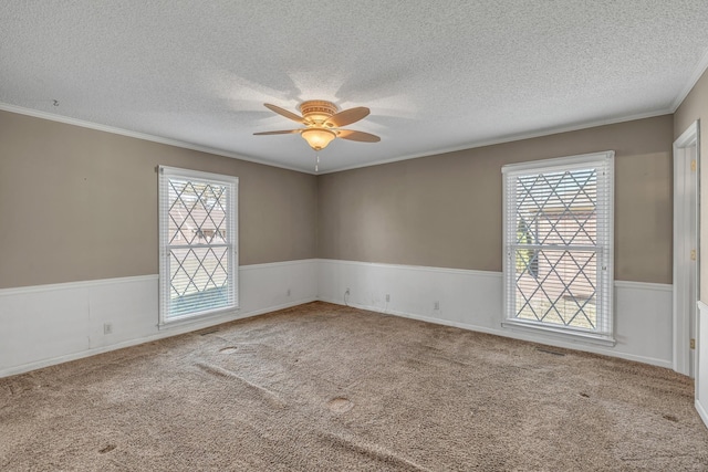carpeted empty room featuring a textured ceiling, ceiling fan, plenty of natural light, and a wainscoted wall