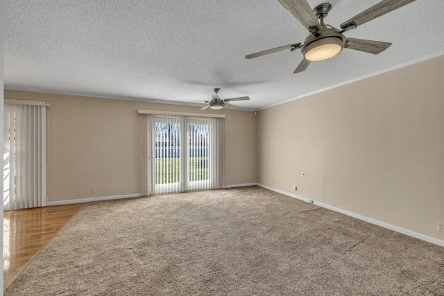 unfurnished room with crown molding, ceiling fan, a textured ceiling, wood finished floors, and baseboards