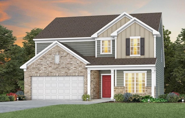 view of front of property featuring roof with shingles, board and batten siding, driveway, and stone siding