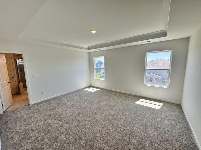 spare room featuring a raised ceiling, baseboards, and carpet floors