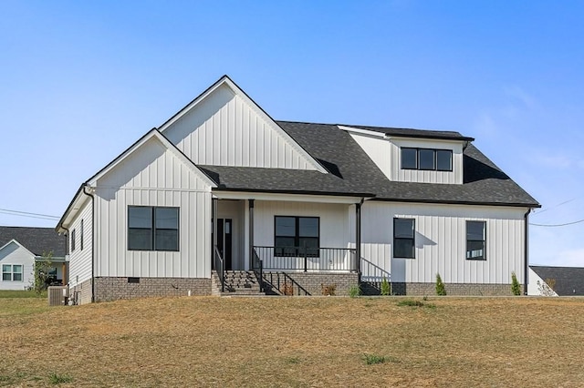 2717 Autumn Woods Trl, Cookeville, TN 38501 - modern inspired farmhouse featuring a porch, a shingled roof, board and batten siding, crawl space, and a front yard