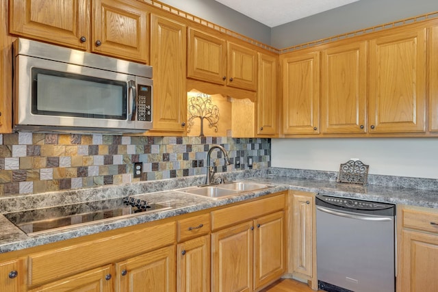 kitchen featuring tasteful backsplash, appliances with stainless steel finishes, and a sink