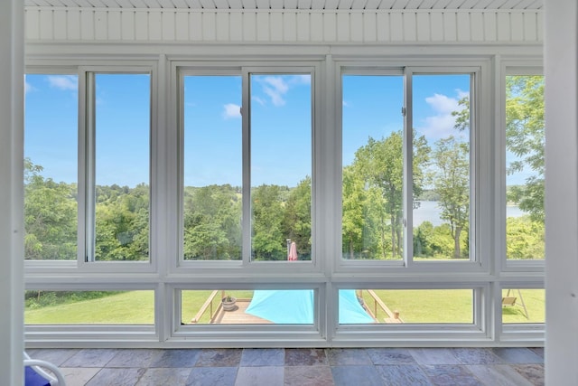 interior space with a water view