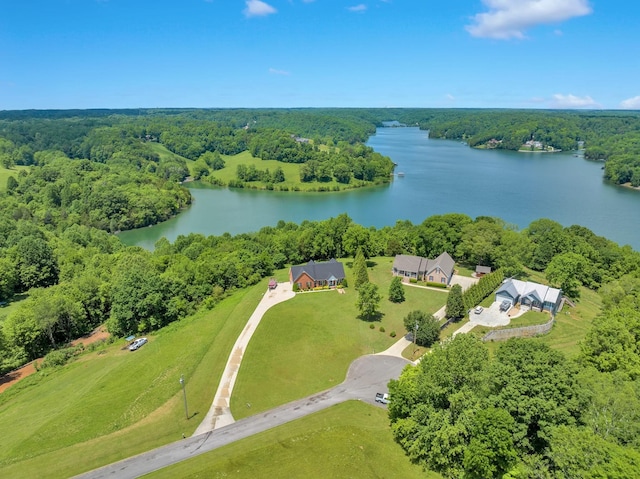 birds eye view of property featuring a water view and a forest view