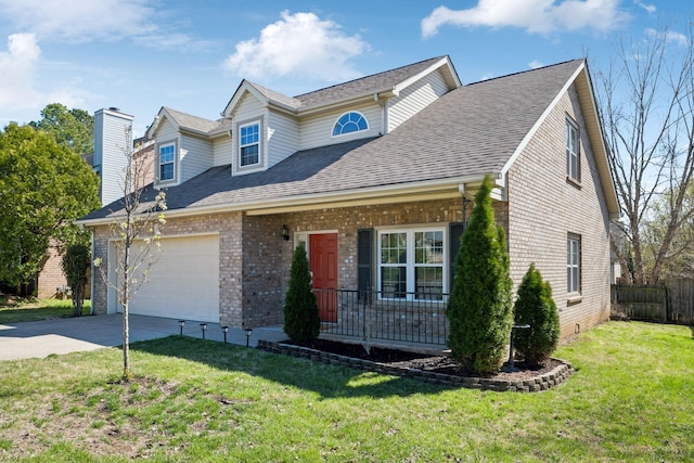 view of front of house with roof with shingles, driveway, a front yard, brick siding, and fence