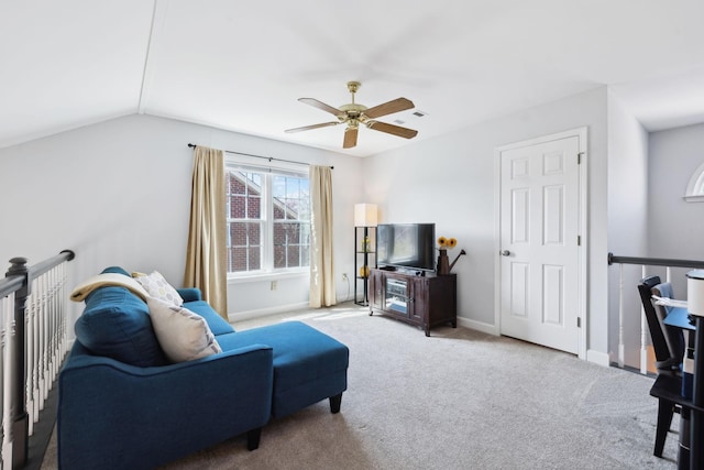 sitting room with carpet flooring, baseboards, a ceiling fan, and visible vents