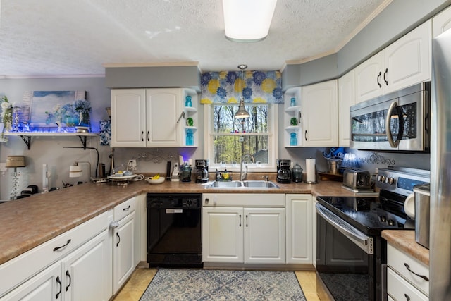 kitchen featuring stainless steel appliances, a textured ceiling, a sink, and open shelves