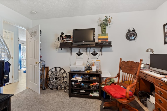 office space featuring a textured ceiling and carpet flooring